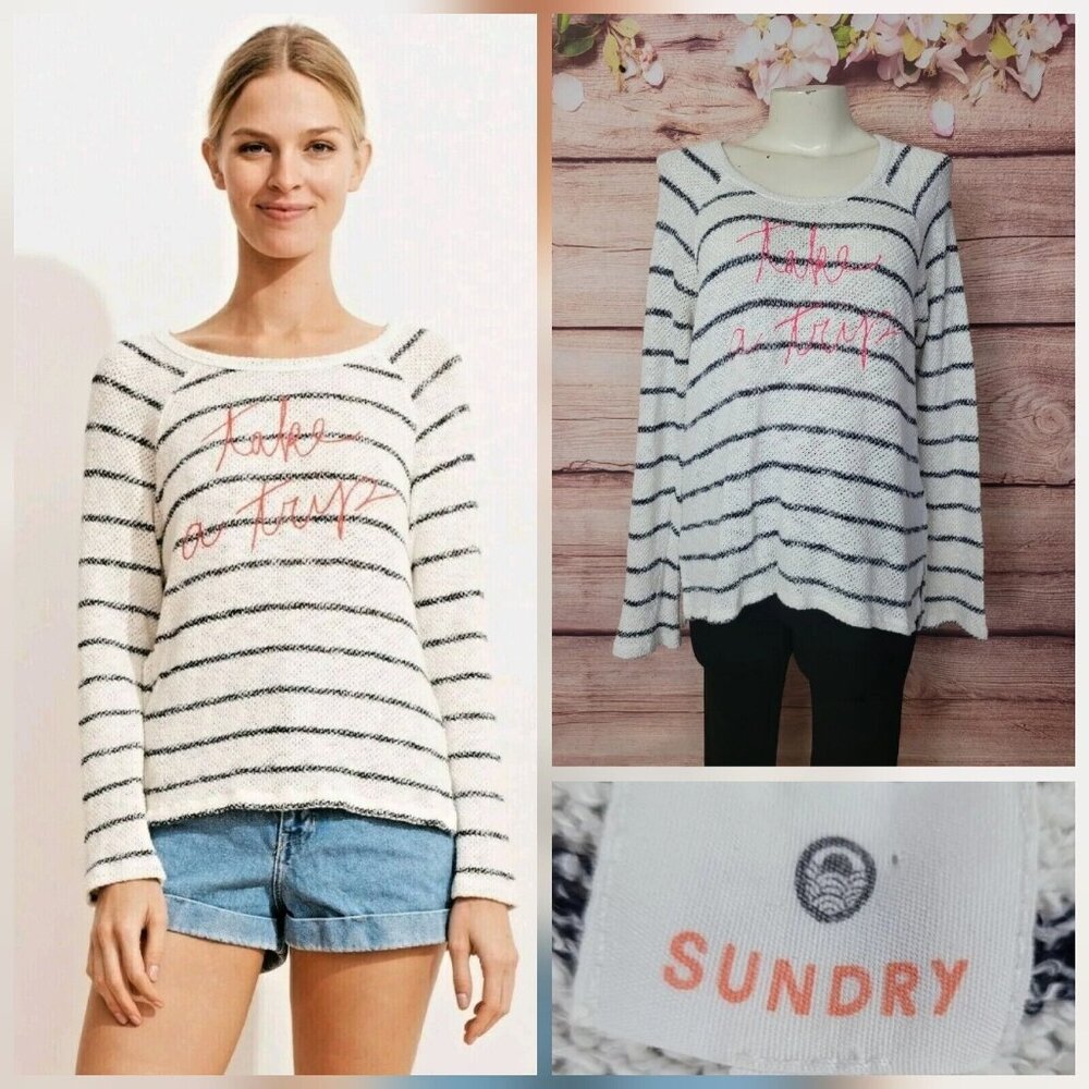 SUNDRY Women "Take A Trip" White Striped Lightweight Pullover Rayon Blend Size 1